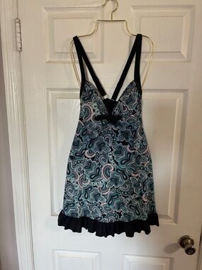 Women’s Teal Paisley Swimdress with Black Trim